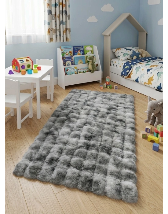 Carpet Dekor İthal Bubble Yumuşak Suni Tavşan Tüyü Halı Gri-Beyaz