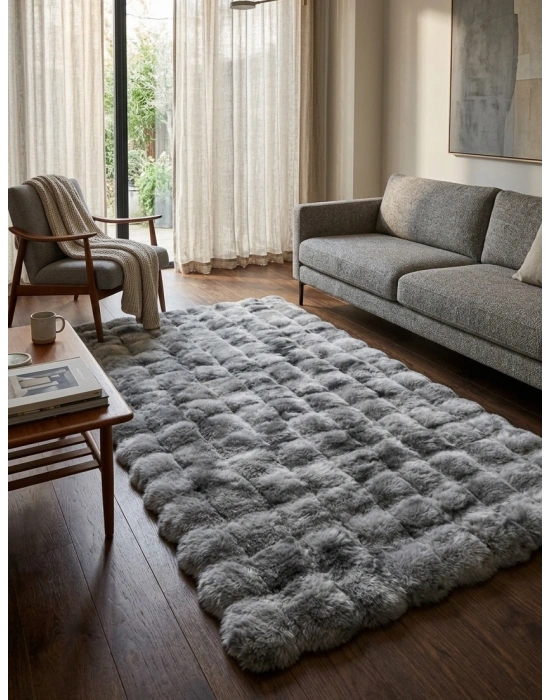 Carpet Dekor İthal Bubble Yumuşak Suni Tavşan Tüyü Halı Gri-Beyaz