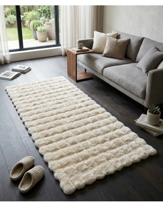 Carpet Dekor İthal Bubble Yumuşak Suni Tavşan Tüyü Halı Krem
