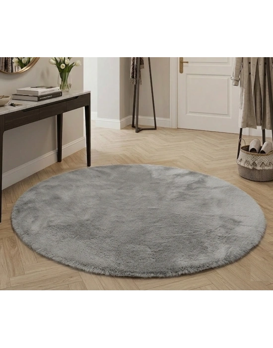 Carpet Dekor İthal Peluş Yumuşak Dekoratif Halı Yuvarlak Gri