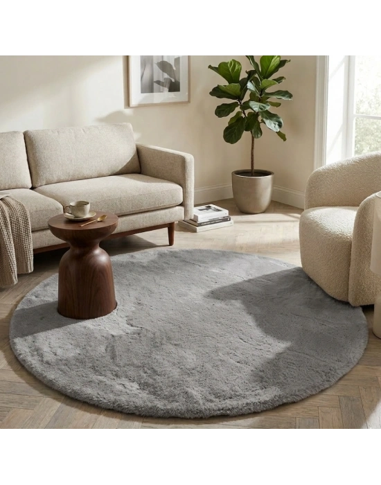 Carpet Dekor İthal Peluş Yumuşak Dekoratif Halı Yuvarlak Gri