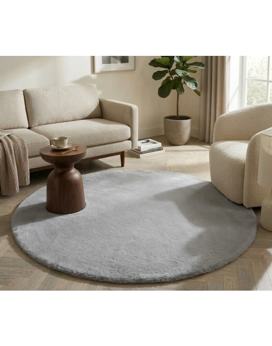 Carpet Dekor İthal Peluş Yumuşak Dekoratif Halı Yuvarlak Gri