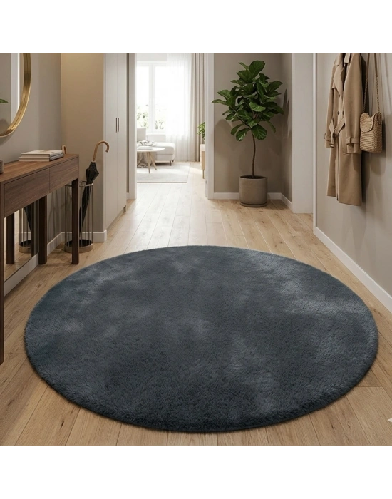 Carpet Dekor İthal Peluş Yumuşak Dekoratif Halı Yuvarlak Antrasit