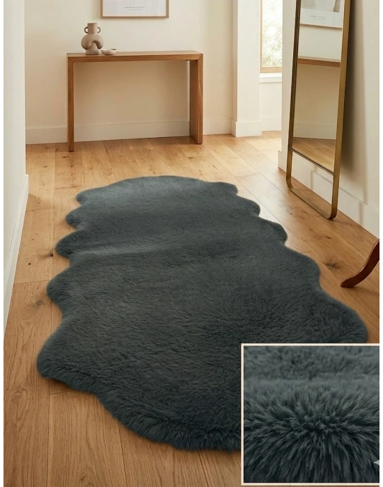 Carpet Dekor İthal Peluş Yumuşak Dekoratif Halı Simetrik Desen Antrasit Rengi