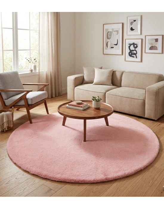 Carpet Dekor İthal Peluş Yumuşak Dekoratif Halı Yuvarlak Pembe