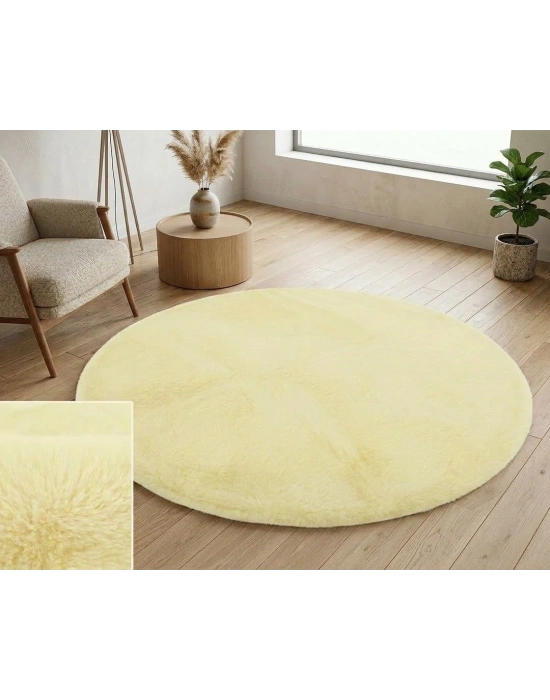 Carpet Dekor İthal Peluş Yumuşak Dekoratif Halı Yuvarlak Krem Rengi