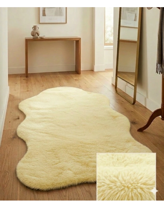 Carpet Dekor İthal Peluş Yumuşak Dekoratif Halı Krem Rengi