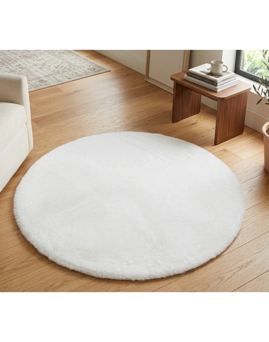Carpet Dekor İthal Peluş Yumuşak Dekoratif Halı yuvarlak Beyaz