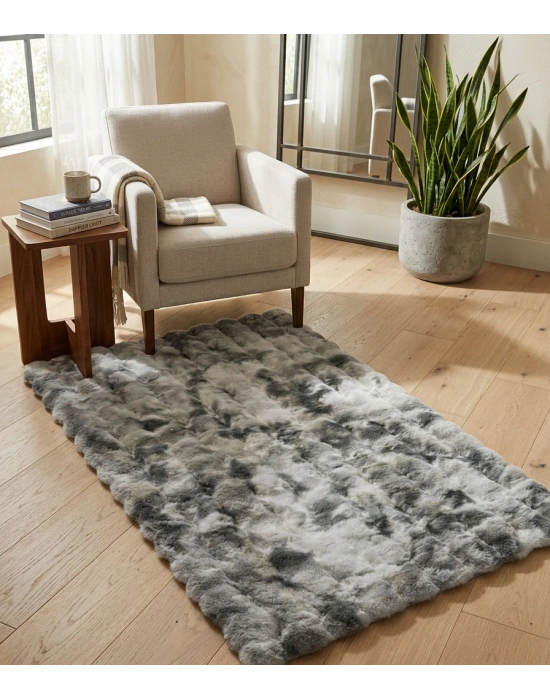 Carpet Dekor İthal Bubble Yumuşak Suni Tavşan Tüyü Halı Gri-Beyaz