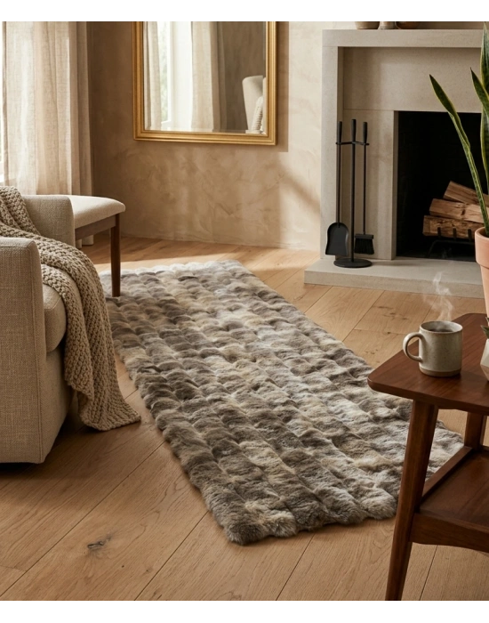 Carpet Dekor İthal Bubble Yumuşak Suni Tavşan Tüyü Halı Kahve-Beyaz