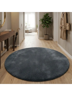 Carpet Dekor İthal Peluş Yumuşak Dekoratif Halı Yuvarlak Antrasit