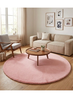 Carpet Dekor İthal Peluş Yumuşak Dekoratif Halı Yuvarlak Pembe