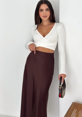 Acı Kahve Yanı Fermuarlı Çan Dökümlü Saten Etek