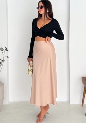 Bej Yanı Fermuarlı Çan Dökümlü Saten Etek