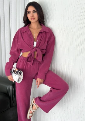 Kadın Yazlık İkili Takım Vişne – Dökümlü Gömlek ve Salaş Pantolon Set