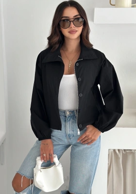 Stoperli Düğmeli Siyah Ceket