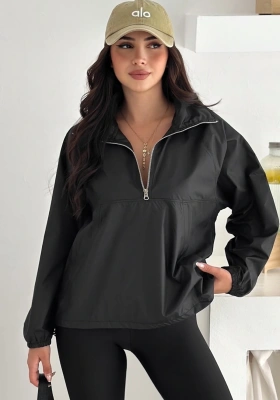 Yarım Fermuarlı Stoperli Siyah Yağmurluk