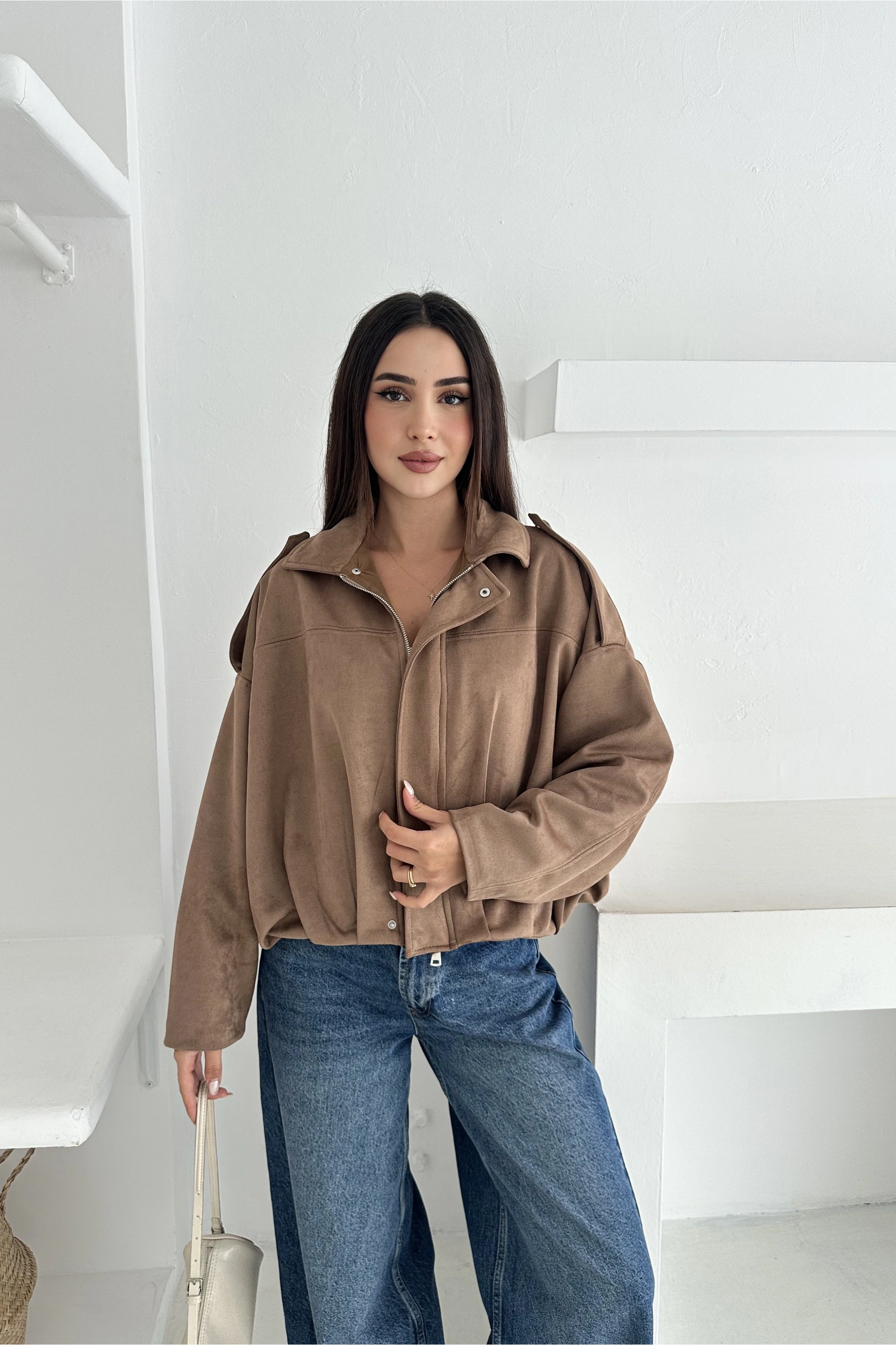 Oversize Astarlı Bomber Süet Ceket