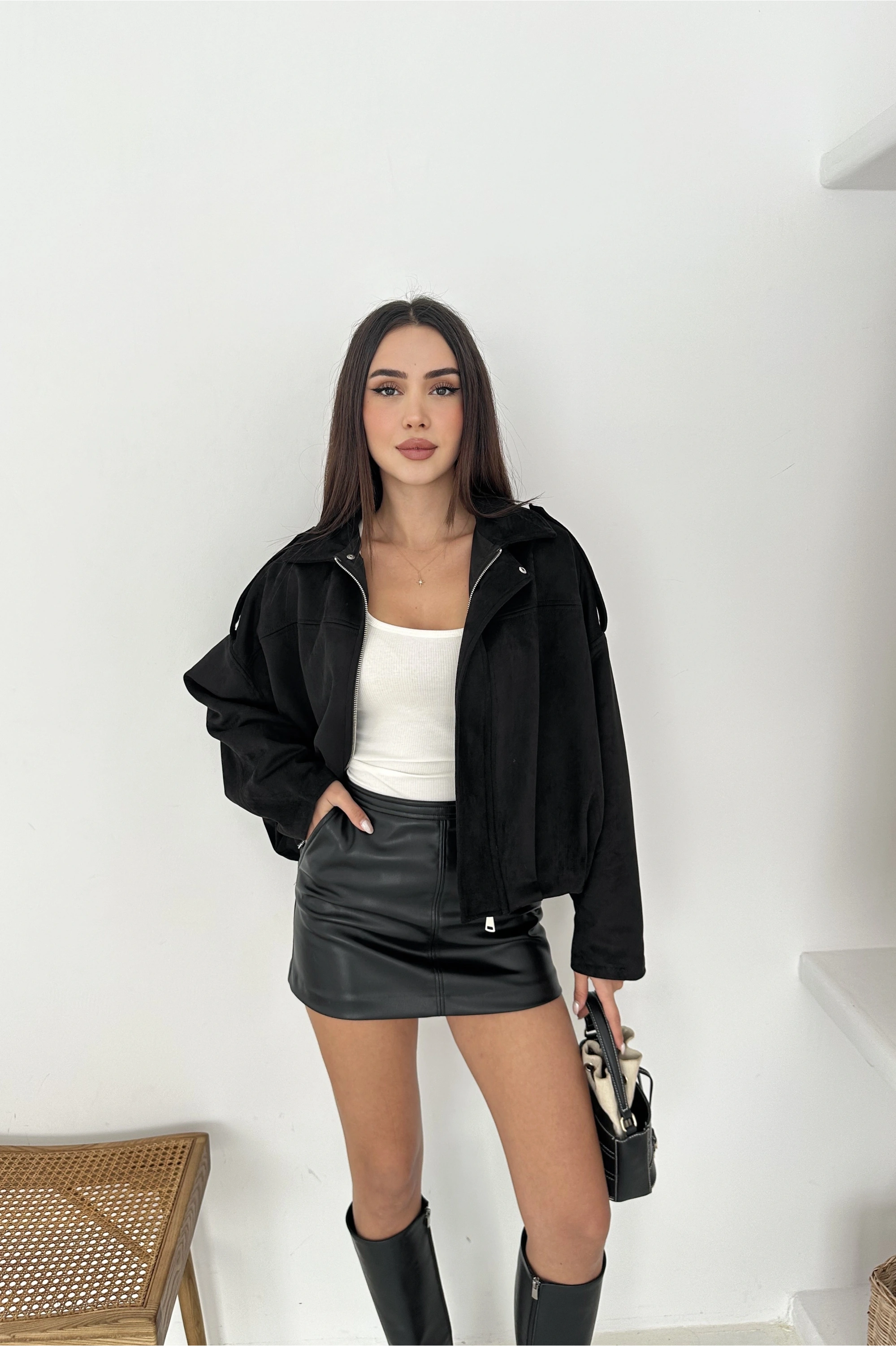 Oversize Astarlı Bomber Süet Ceket