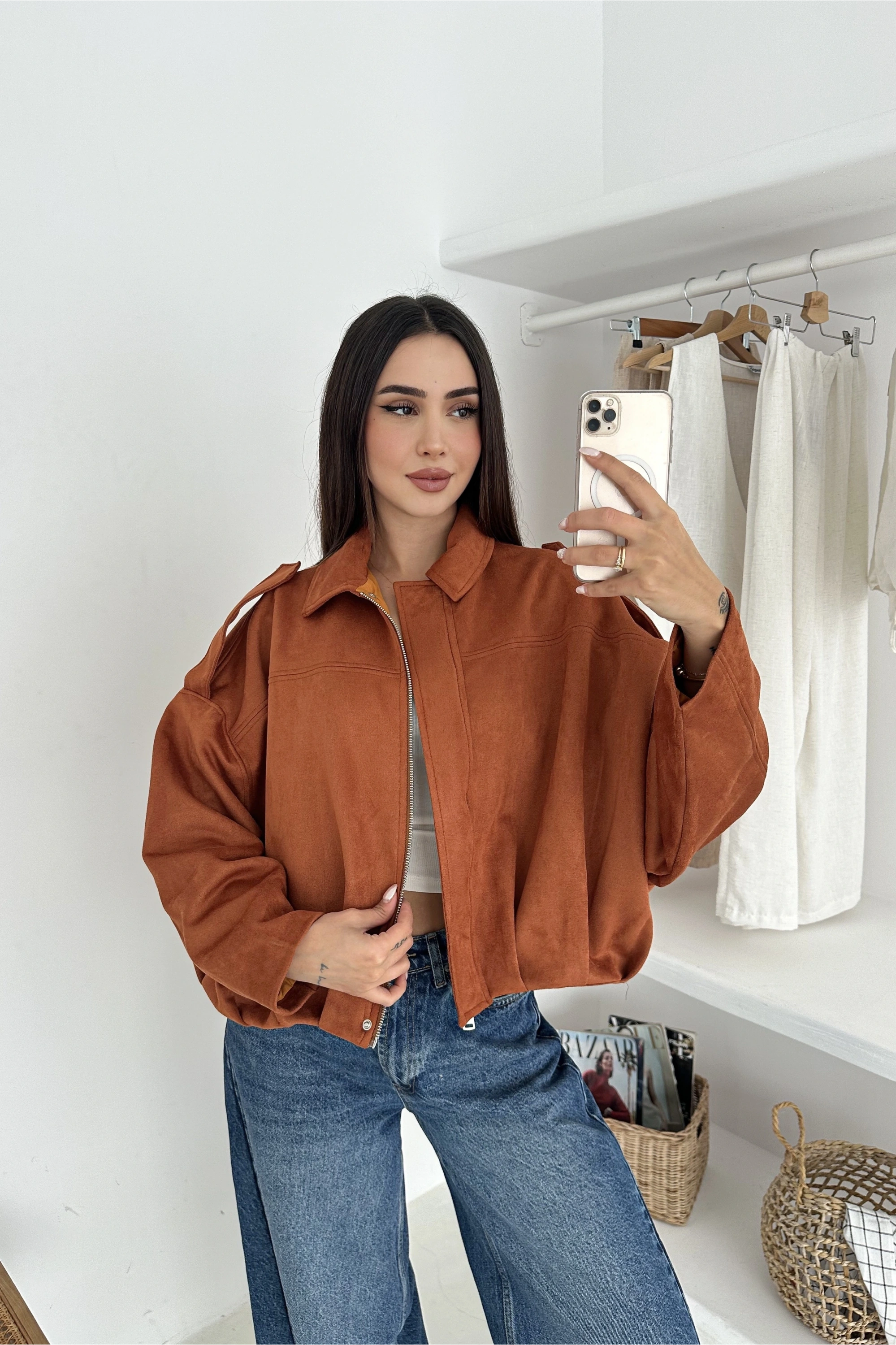 Oversize Astarlı Bomber Süet Ceket