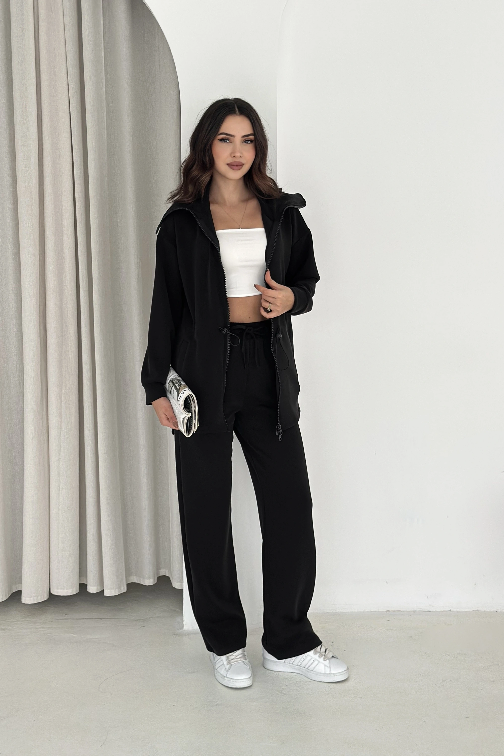 Şal Yaka Çift Fermuarlı Stoperli Modal Takım