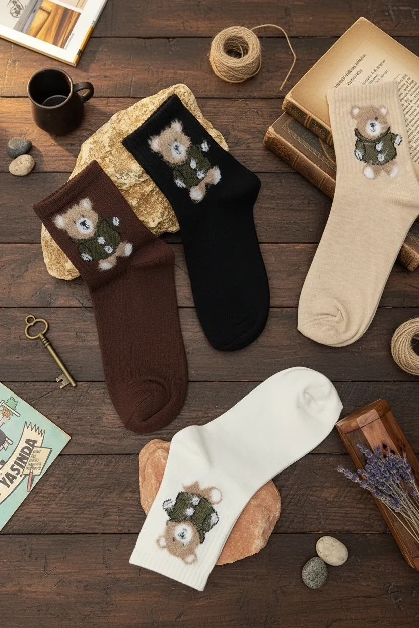 Tüylü Ayıcık 4 lü set Kolej Çorap