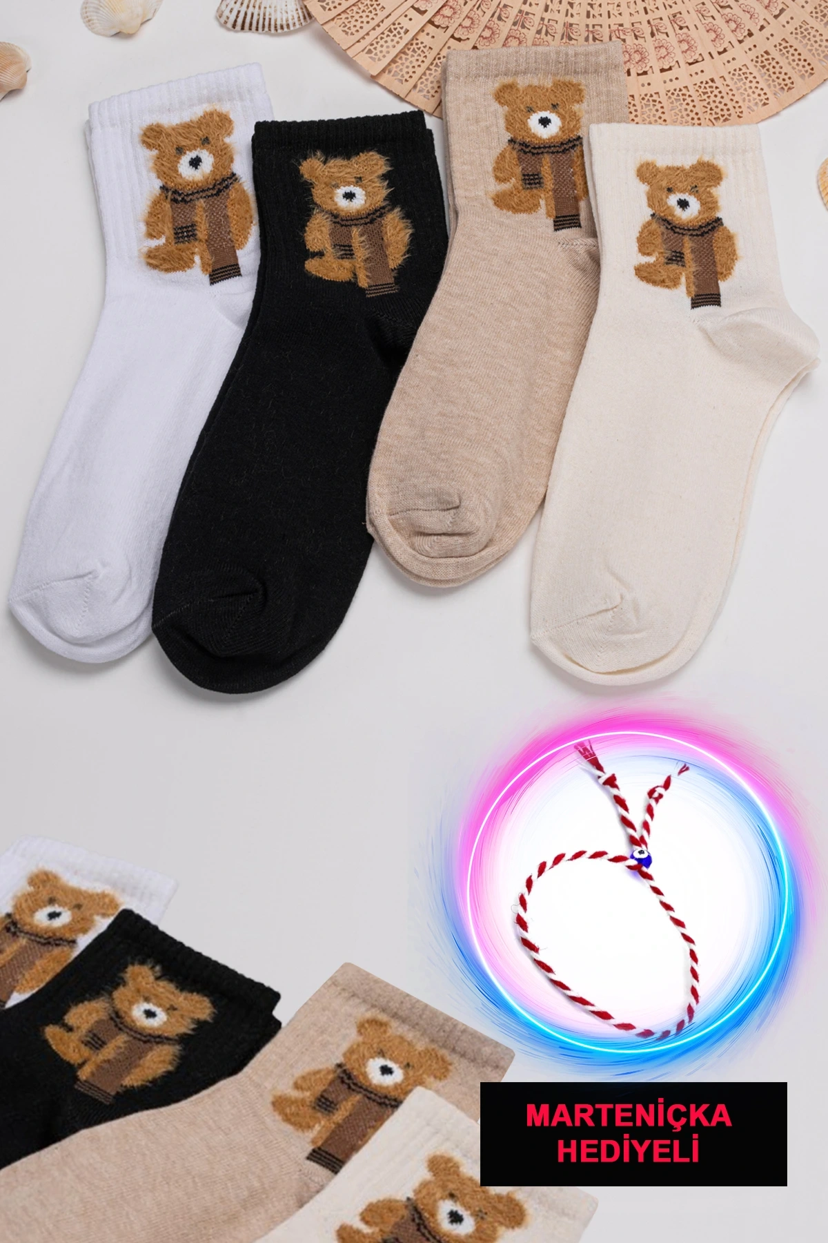 4 Çift Teddy Labubu Bear Tüylü Kolej Çorap