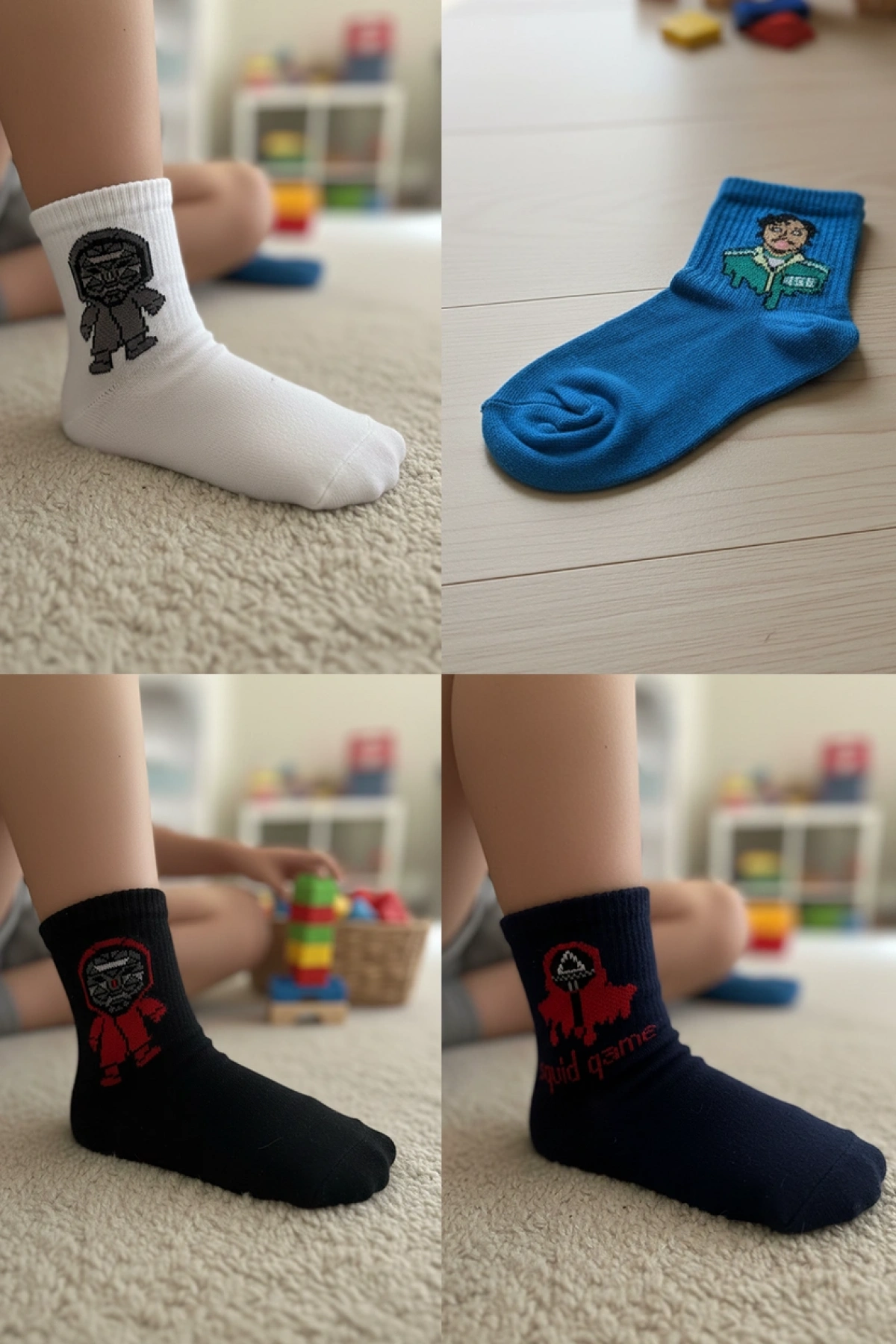 4lü Paket Squid Game Desenli Çocuk Çorabı - Pamuklu Yumuşak Dokulu Çocuk Soket Çorap Seti