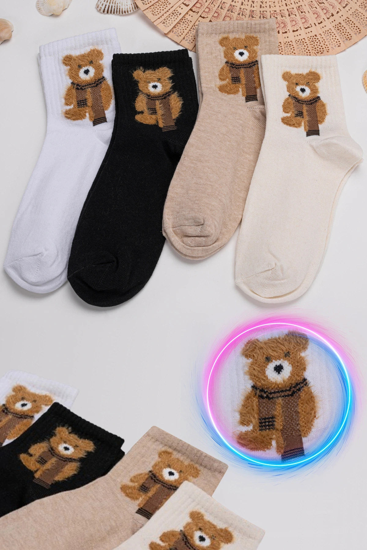 4 Çift Teddy Labubu Bear Tüylü Kolej Çorap