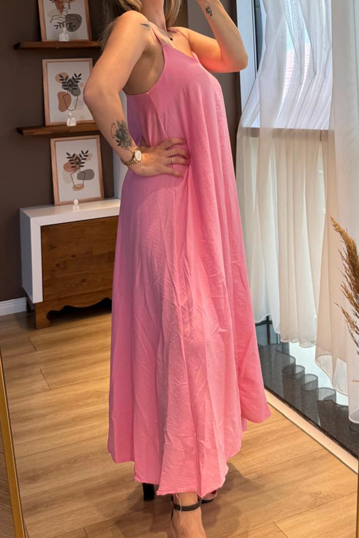 Kadın Bürümcük Kumaş Ayarlanabilir Askılı Astarsız Uzun Yazlık Elbise