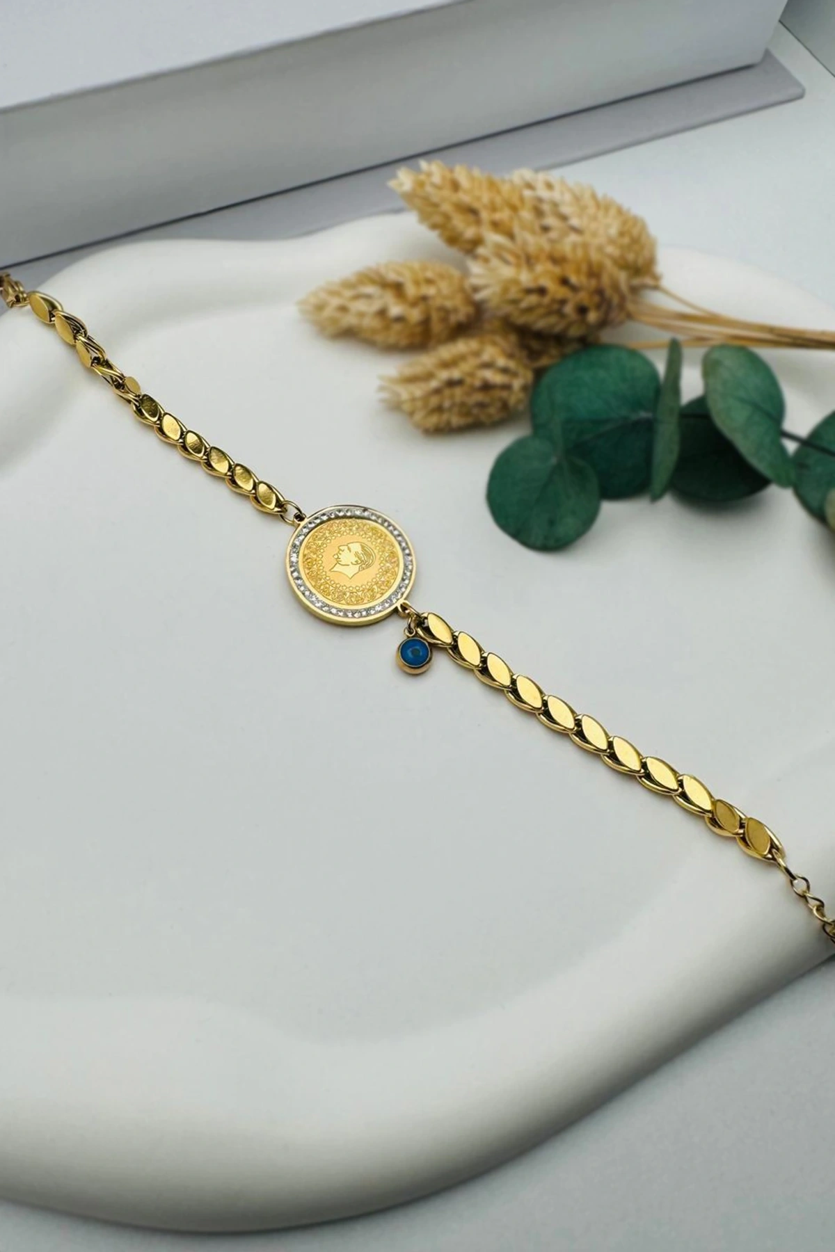 Altın Çeyrek Detaylı Arpa Model Çelik Bileklik