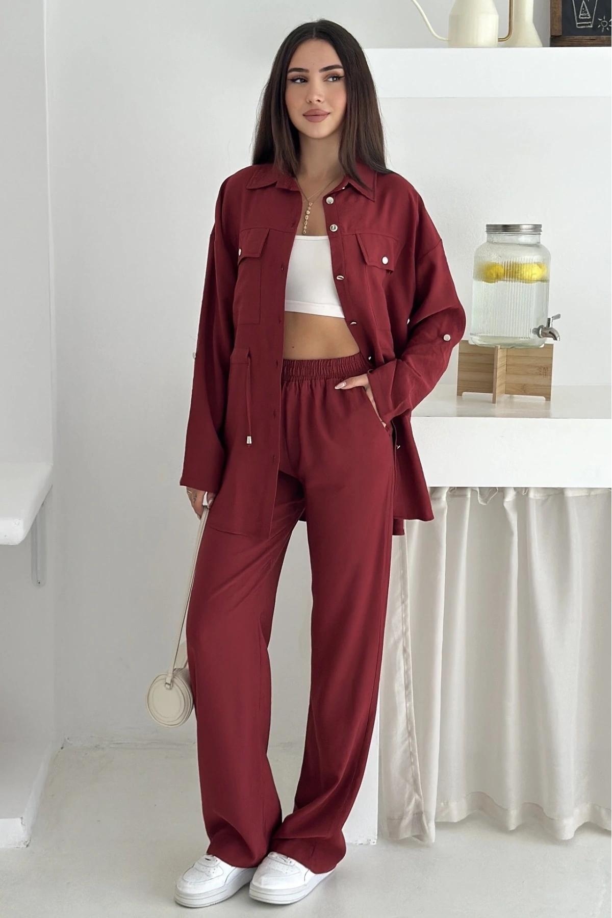 Bel Detaylı Düğmeli Yumuşak Dokulu Takım