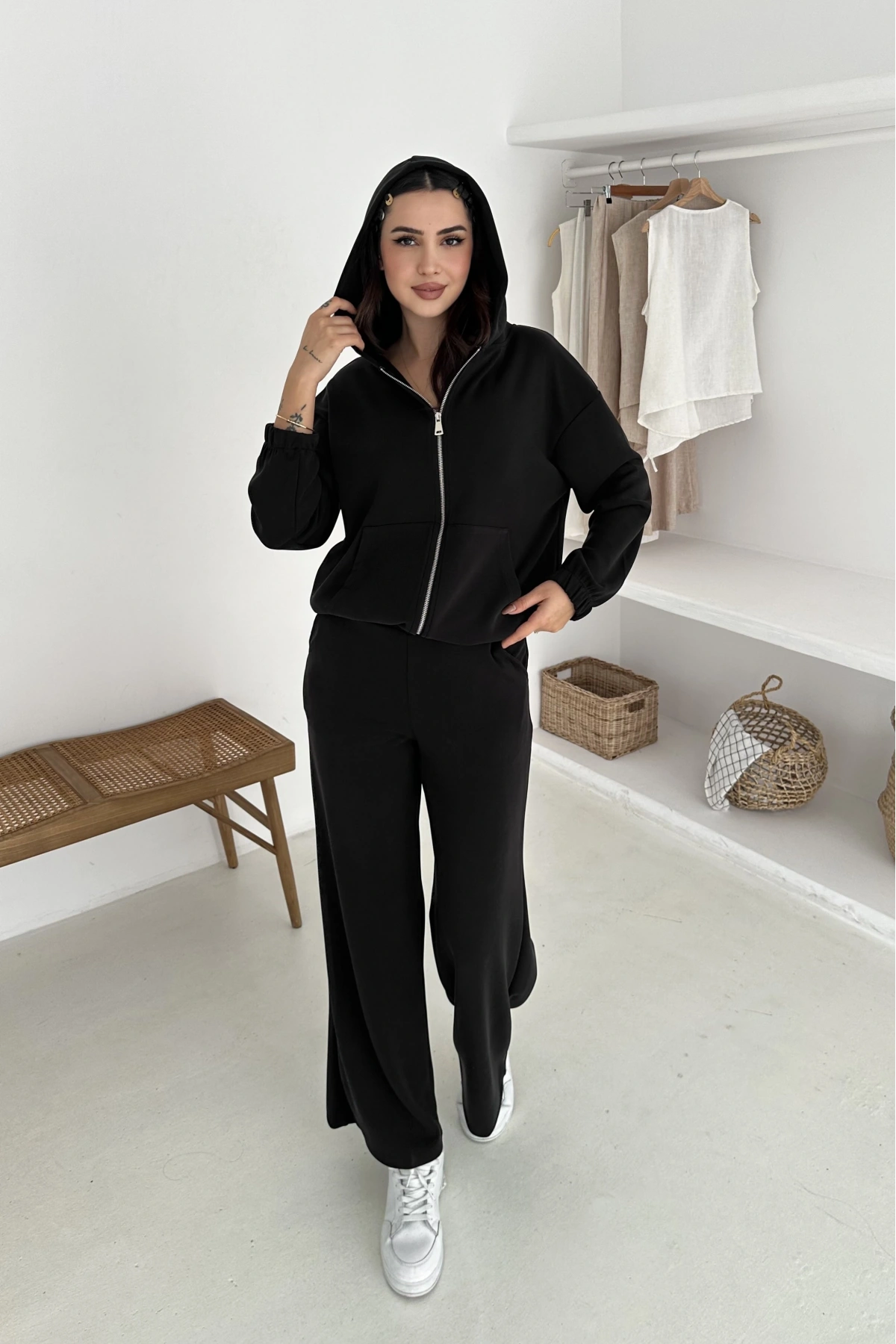 Beli Lastikli Fermuarlı Kapşonlu Premium Kalite Modal Takım