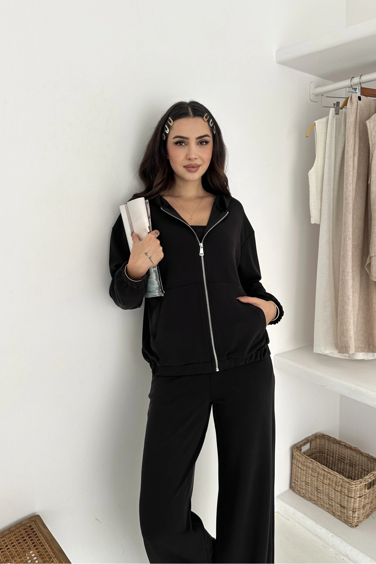 Beli Lastikli Fermuarlı Kapşonlu Premium Kalite Modal Takım