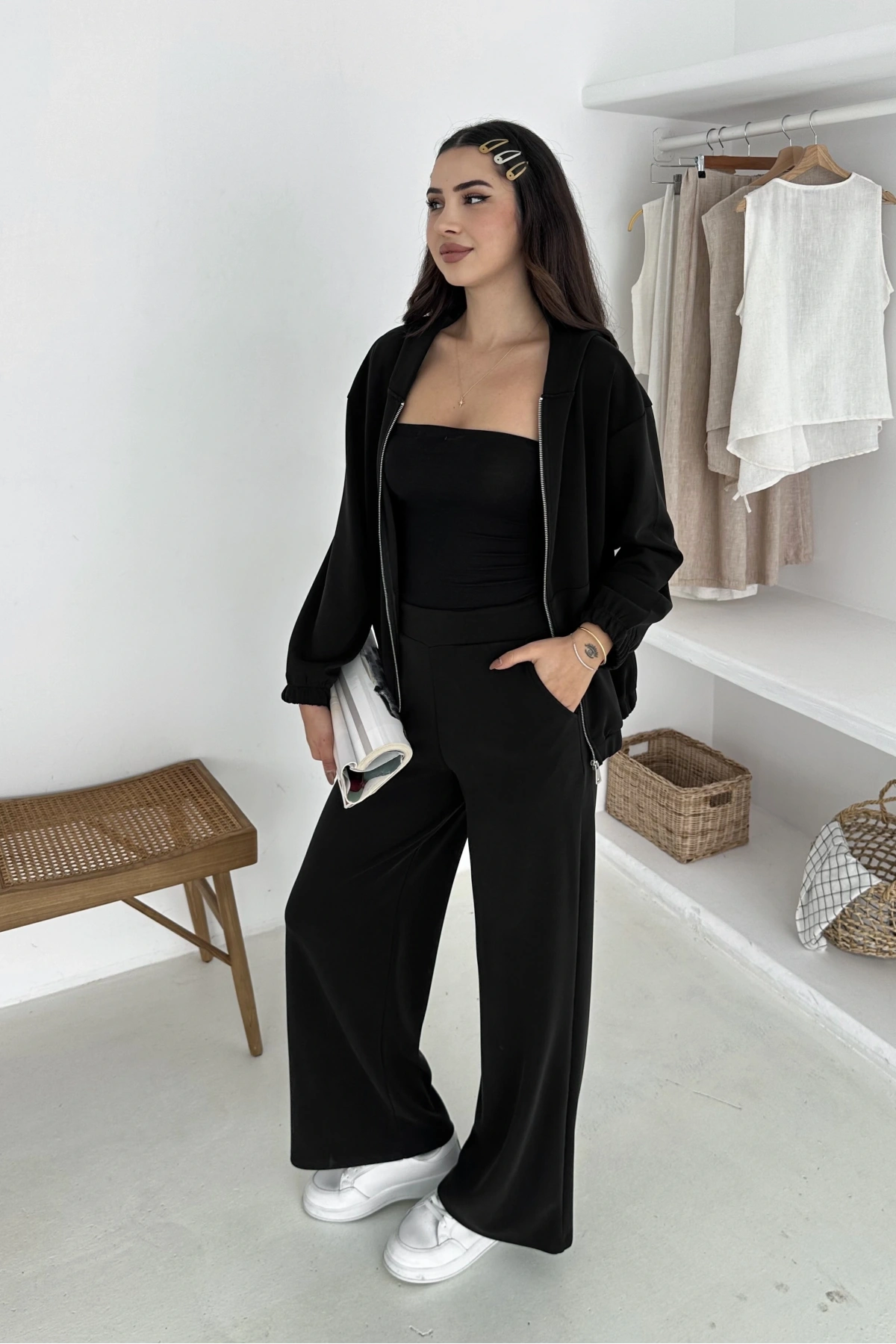 Beli Lastikli Fermuarlı Kapşonlu Premium Kalite Modal Takım