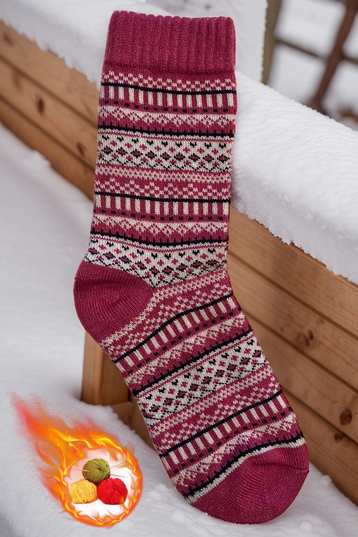 Etnik Desenli Çok Renkli Örgü Dokuma Yün Çorap | Isı Emici Doğal Sıcaklık ve Şık Konfor