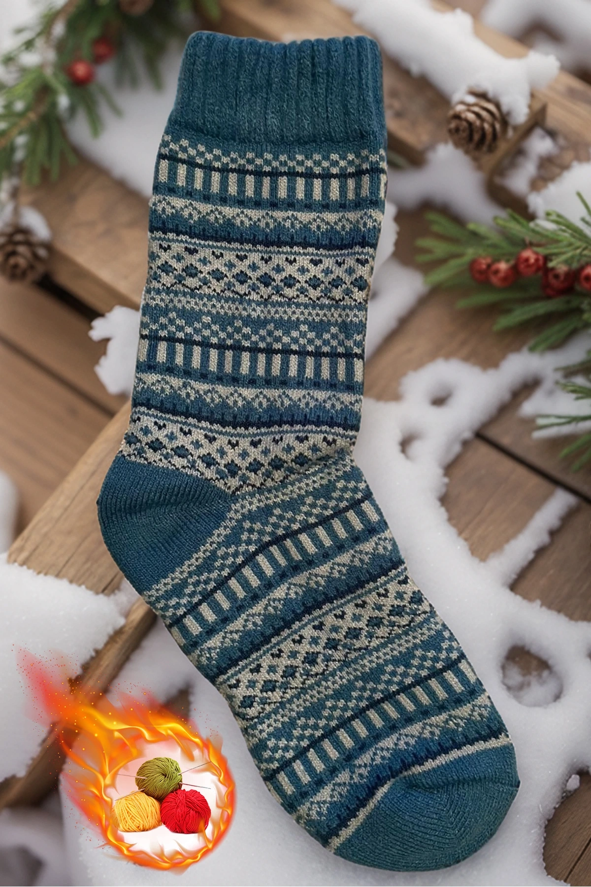 Etnik Desenli Çok Renkli Örgü Dokuma Yün Çorap | Isı Emici Doğal Sıcaklık ve Şık Konfor