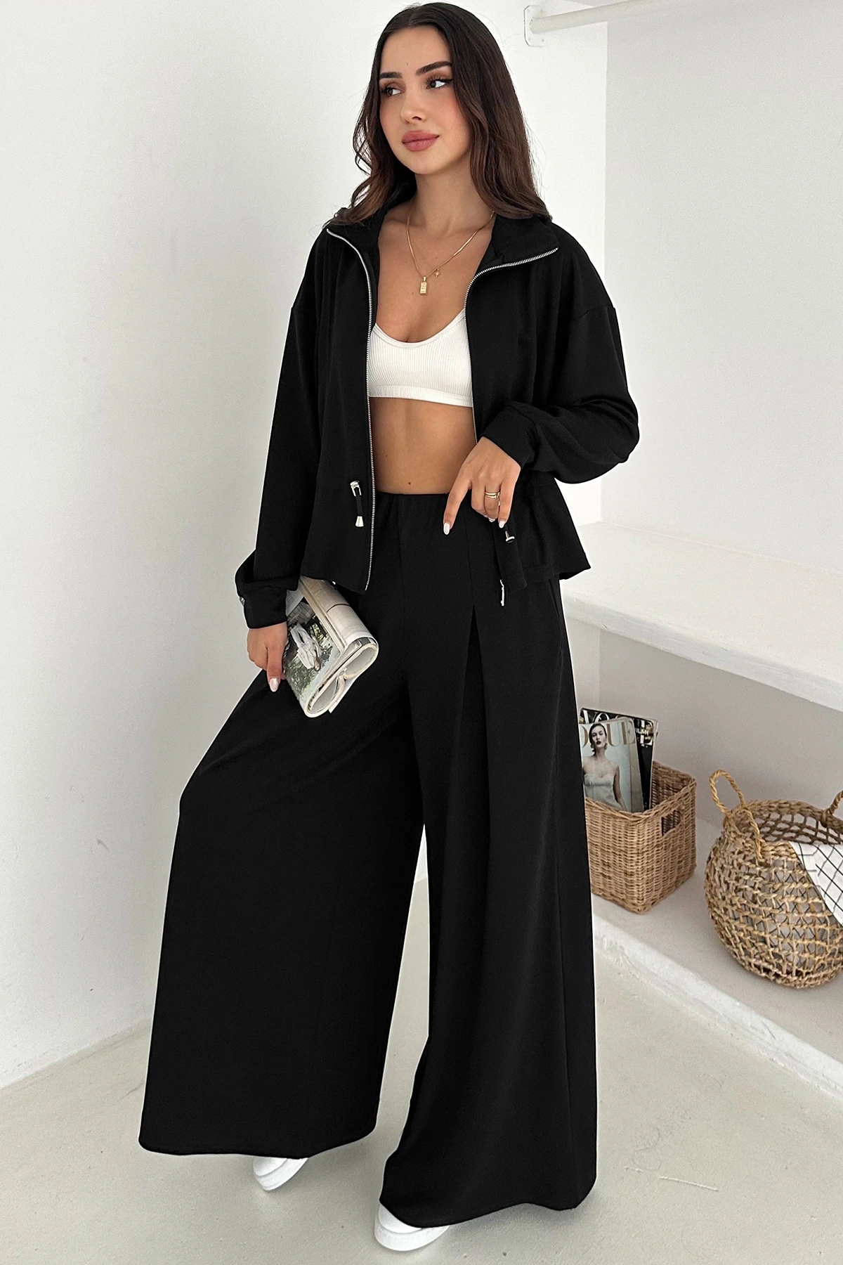 Fermuarlı Bel Detaylı Palazo Pantolonlu Modal Takım