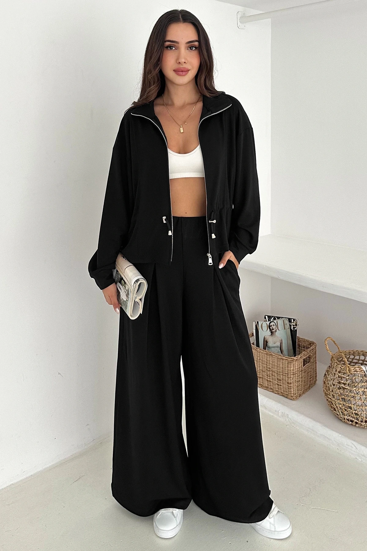 Fermuarlı Bel Detaylı Palazo Pantolonlu Modal Takım