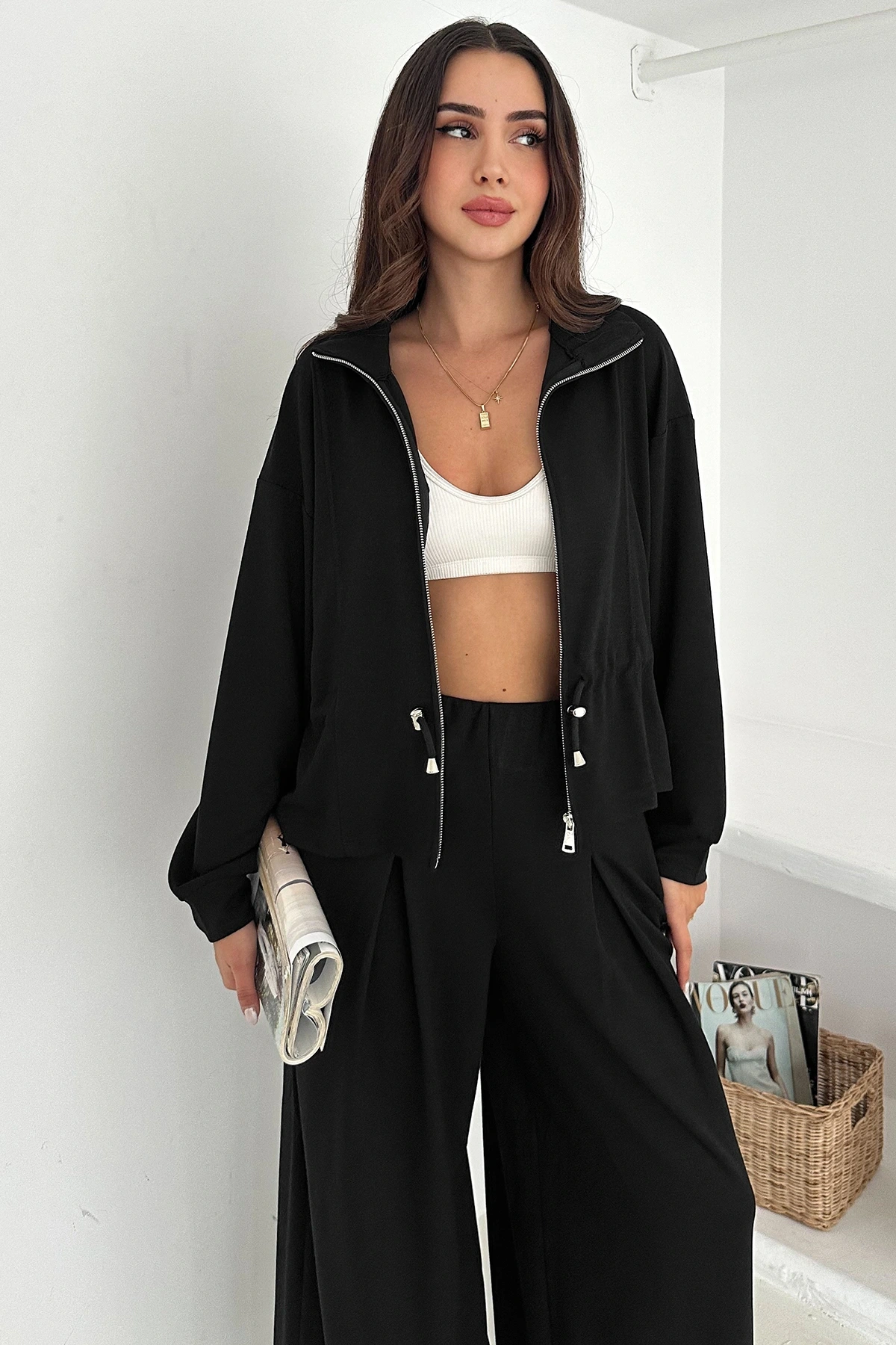 Fermuarlı Bel Detaylı Palazo Pantolonlu Modal Takım