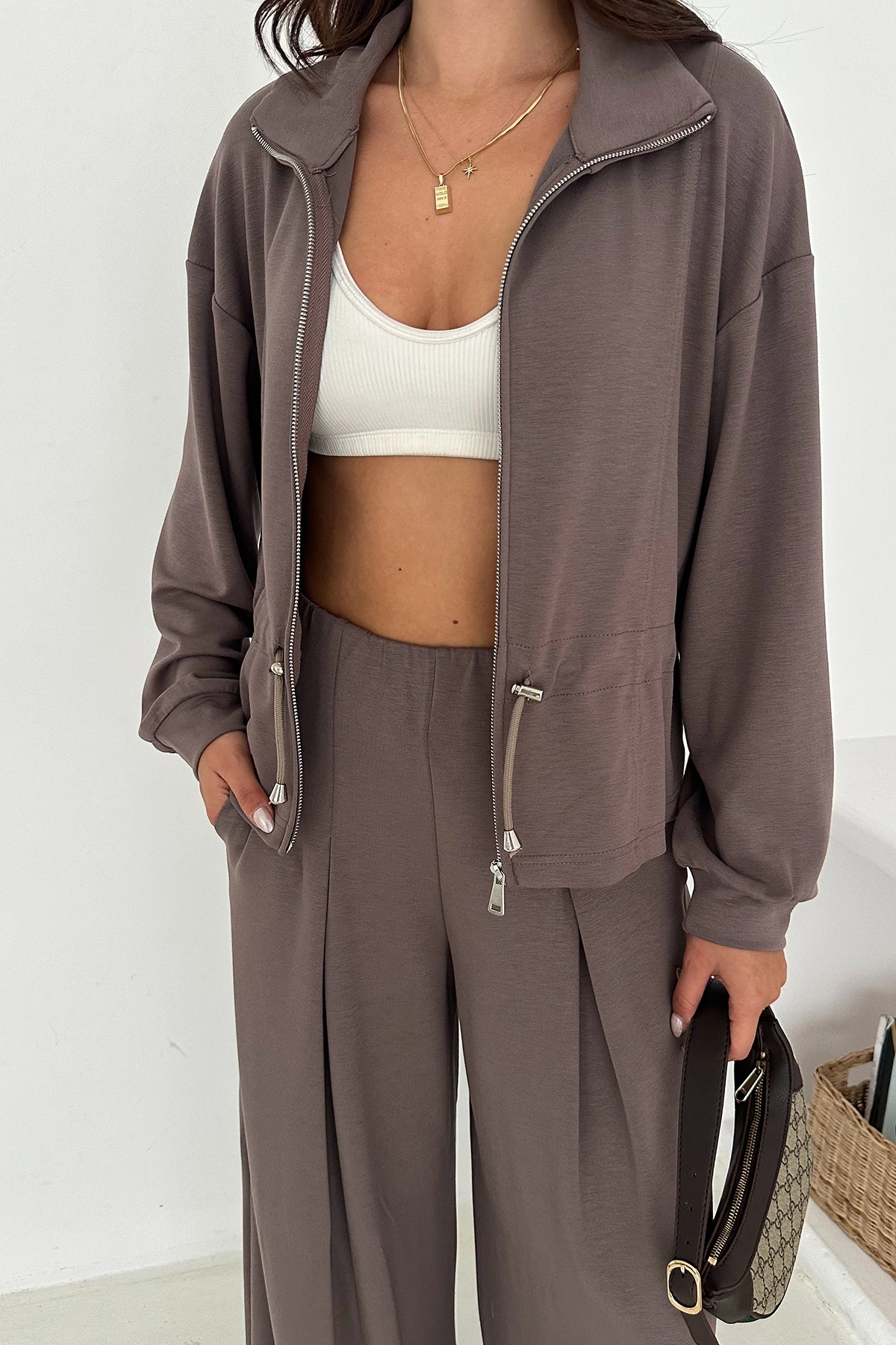 Fermuarlı Bel Detaylı Palazo Pantolonlu Modal Takım