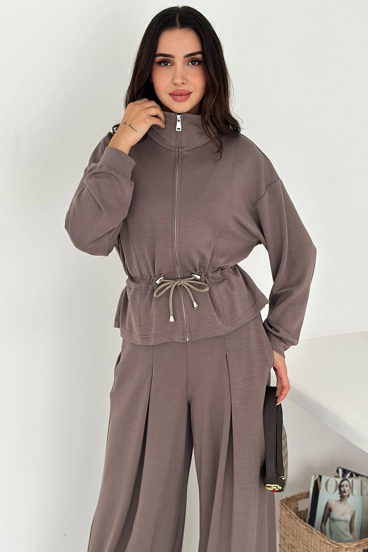 Fermuarlı Bel Detaylı Palazo Pantolonlu Modal Takım