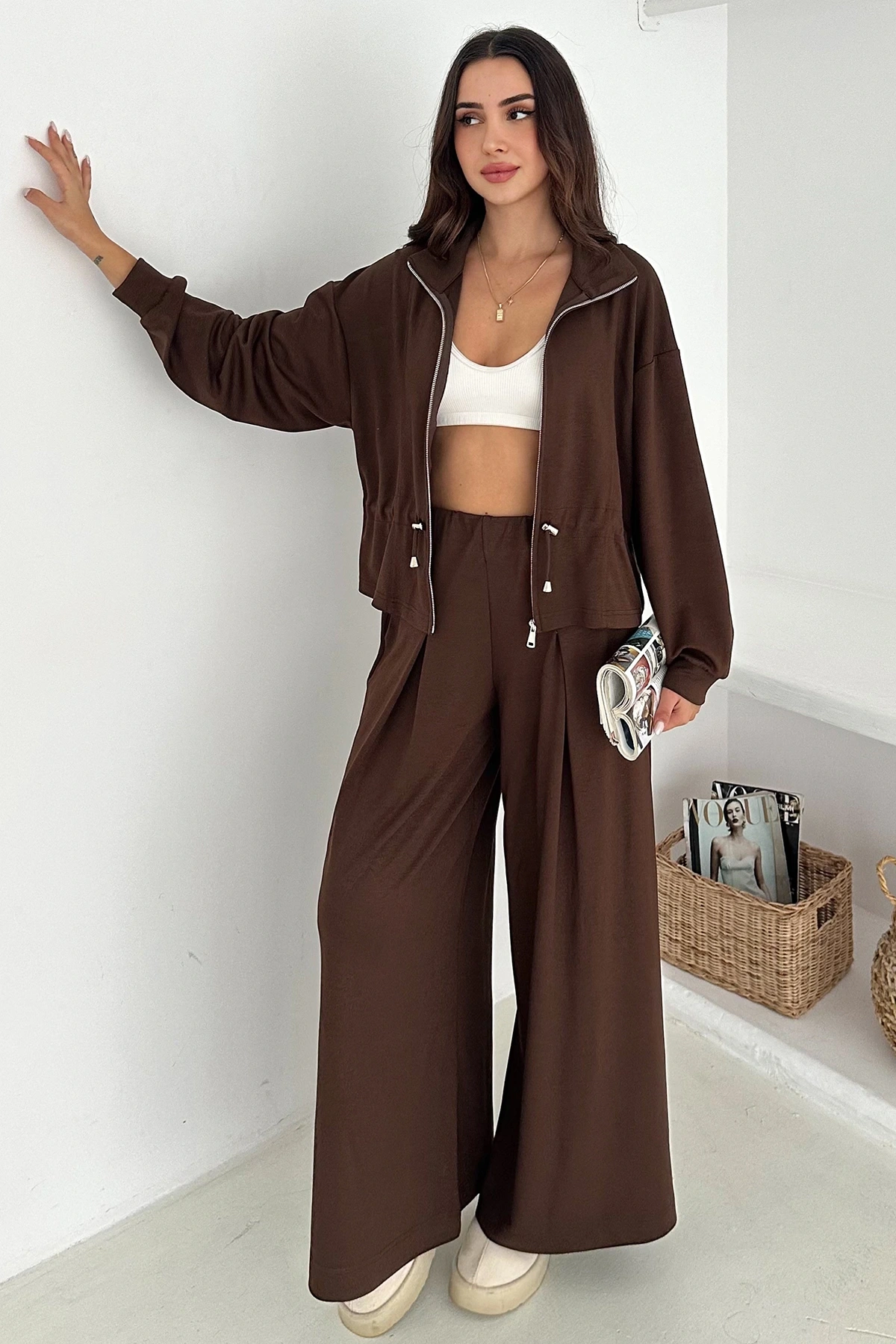 Fermuarlı Bel Detaylı Palazo Pantolonlu Modal Takım