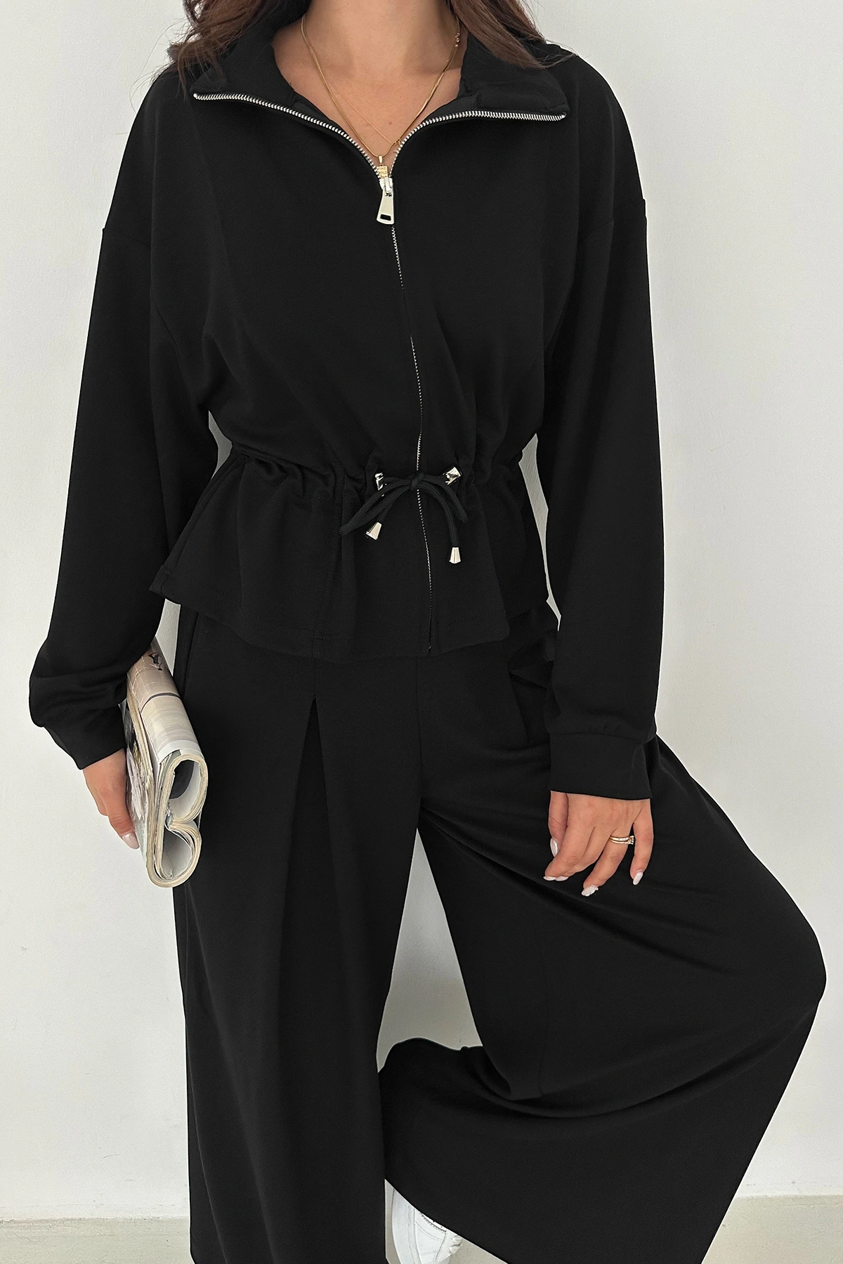 Fermuarlı Bel Detaylı Palazo Pantolonlu Modal Takım