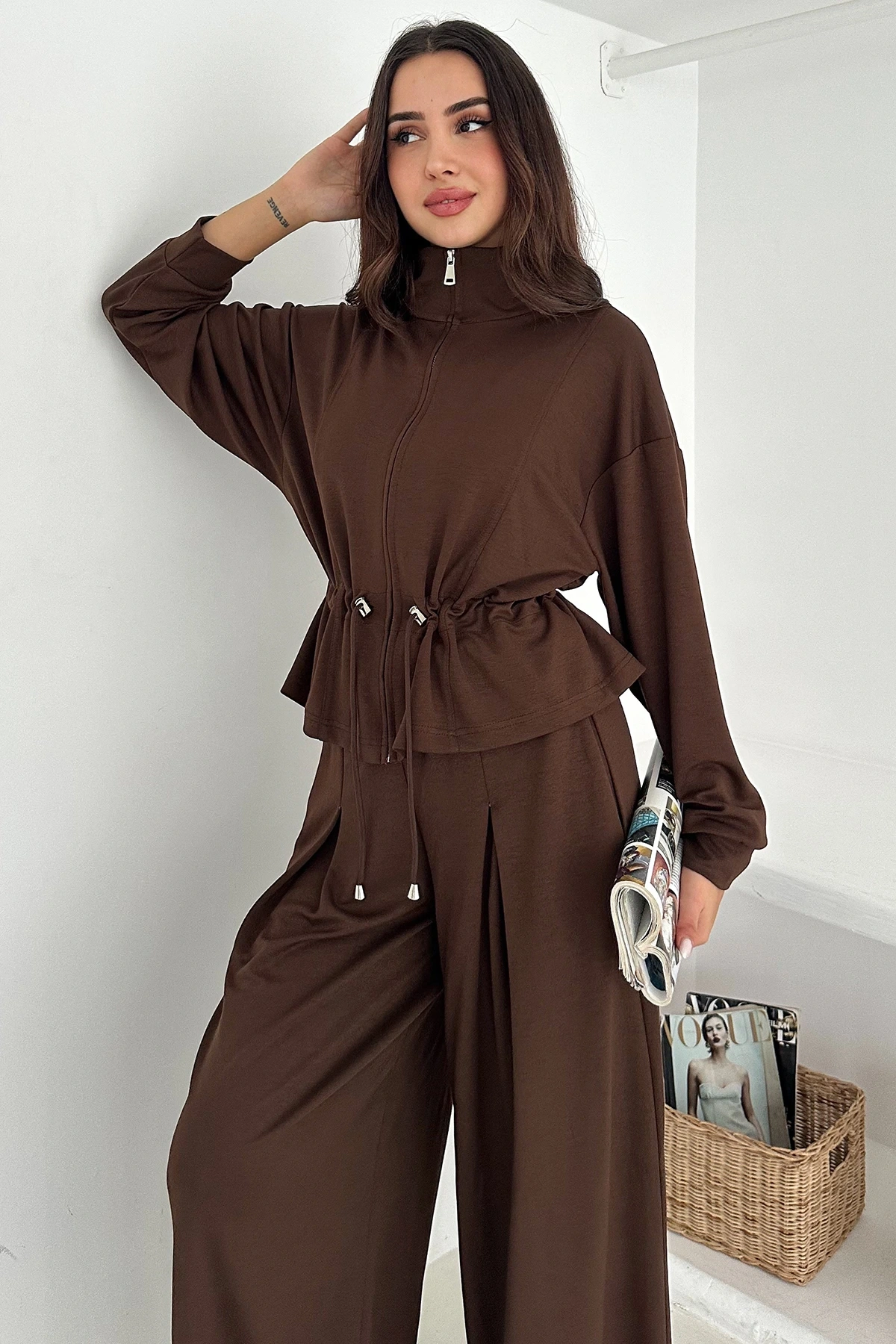 Fermuarlı Bel Detaylı Palazo Pantolonlu Modal Takım