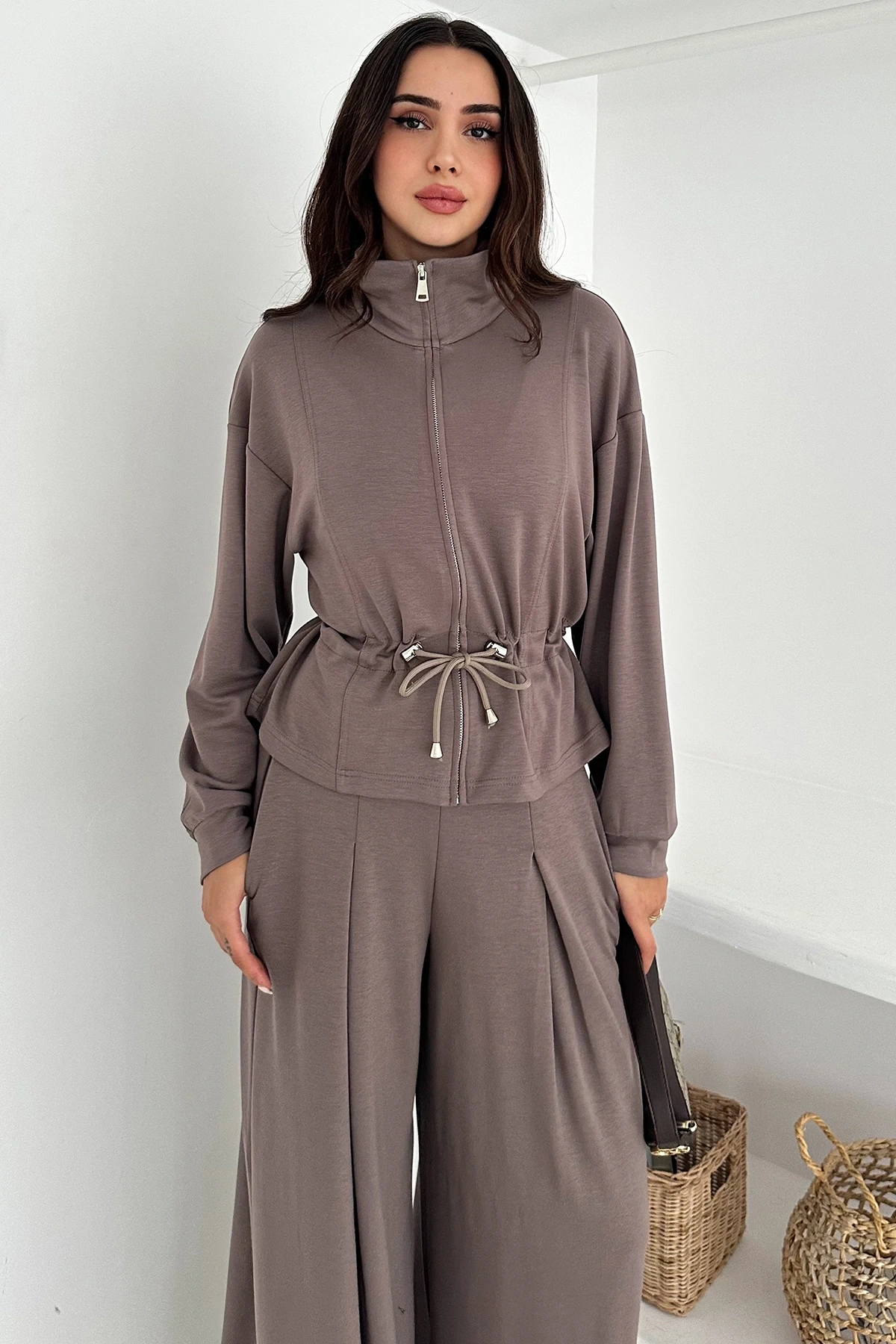 Fermuarlı Bel Detaylı Palazo Pantolonlu Modal Takım