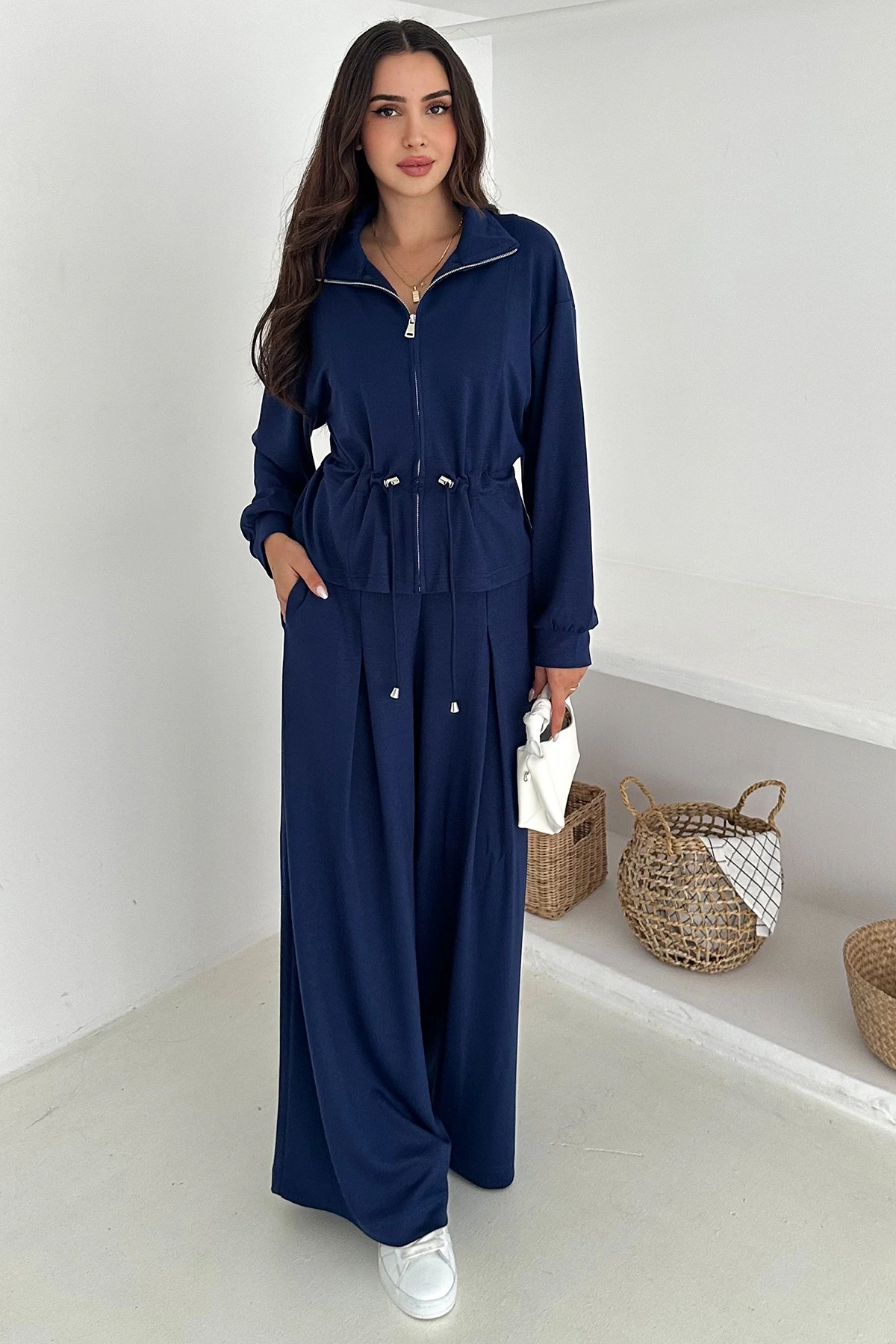 Fermuarlı Bel Detaylı Palazo Pantolonlu Modal Takım