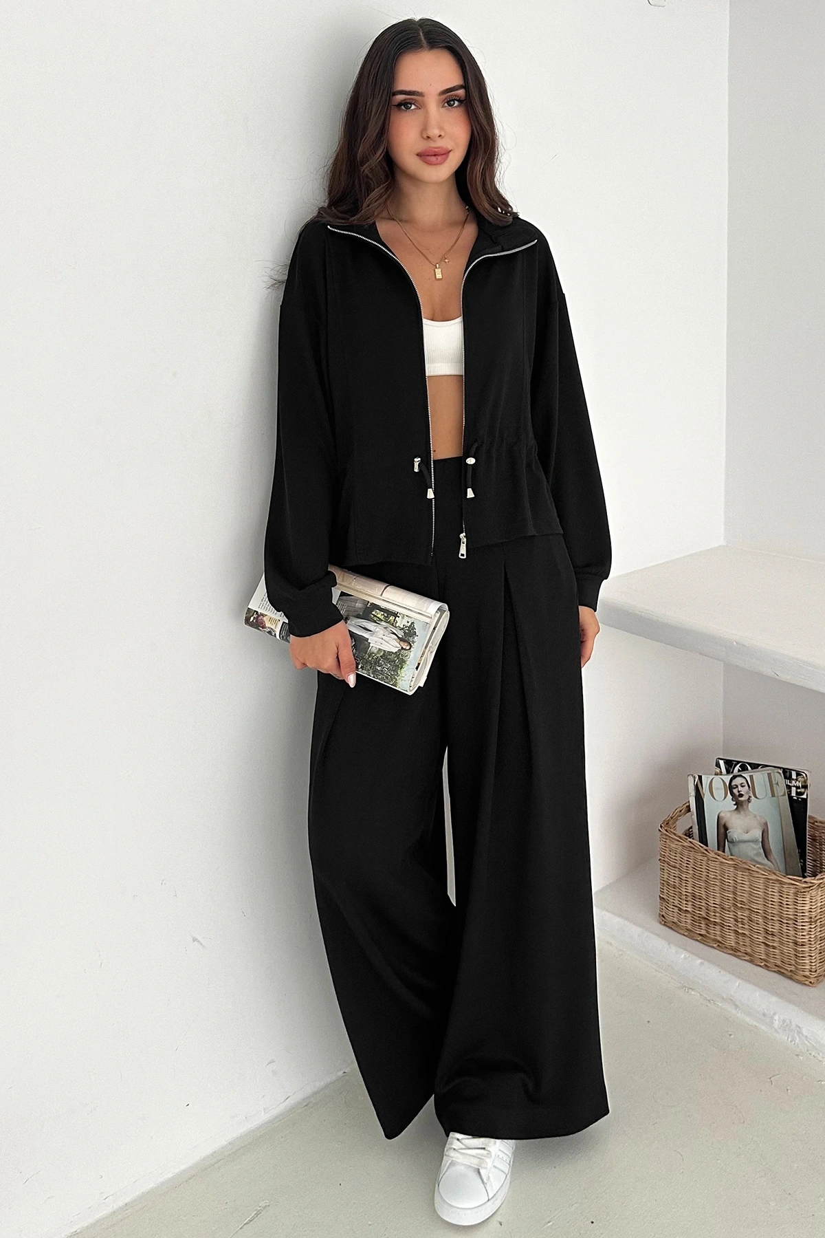 Fermuarlı Bel Detaylı Palazo Pantolonlu Modal Takım