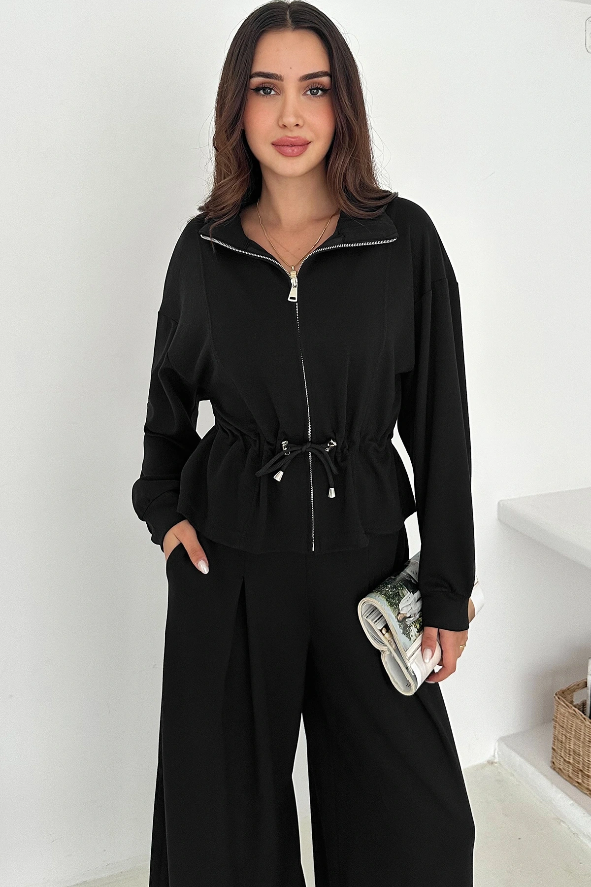 Fermuarlı Bel Detaylı Palazo Pantolonlu Modal Takım