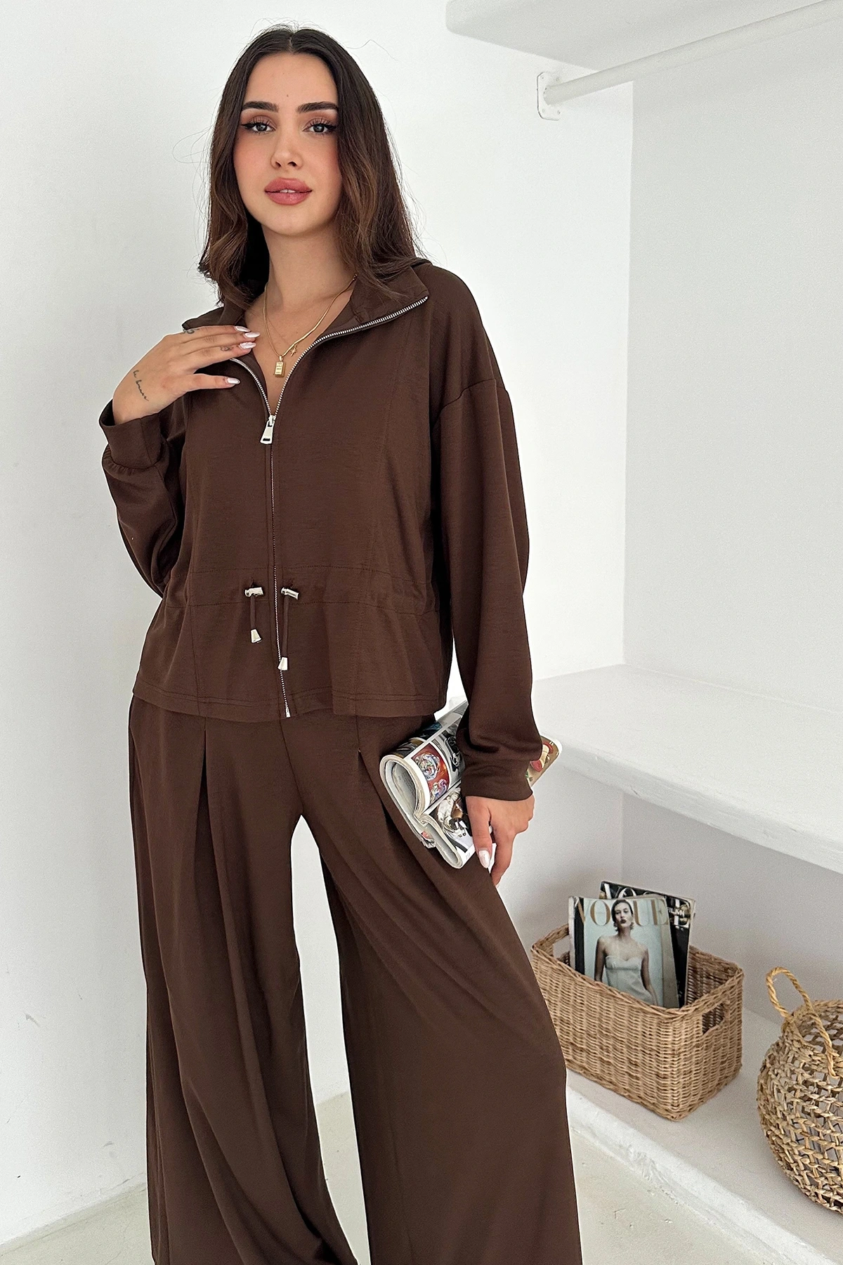 Fermuarlı Bel Detaylı Palazo Pantolonlu Modal Takım